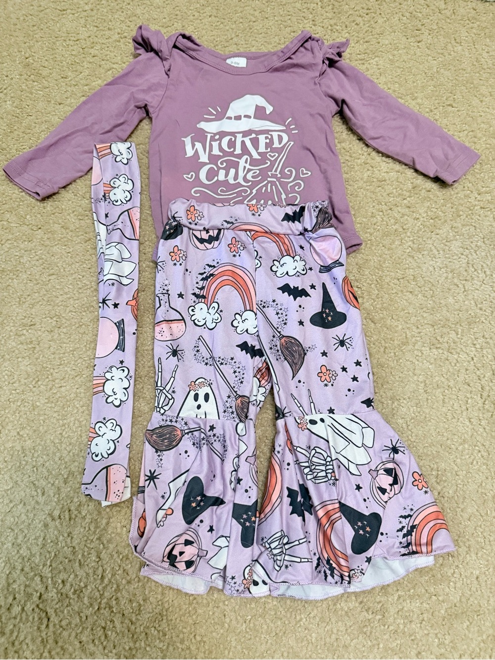 Wicked Cute Lavender Halloween Baby Bodysuit with Printed Bell-bottoms